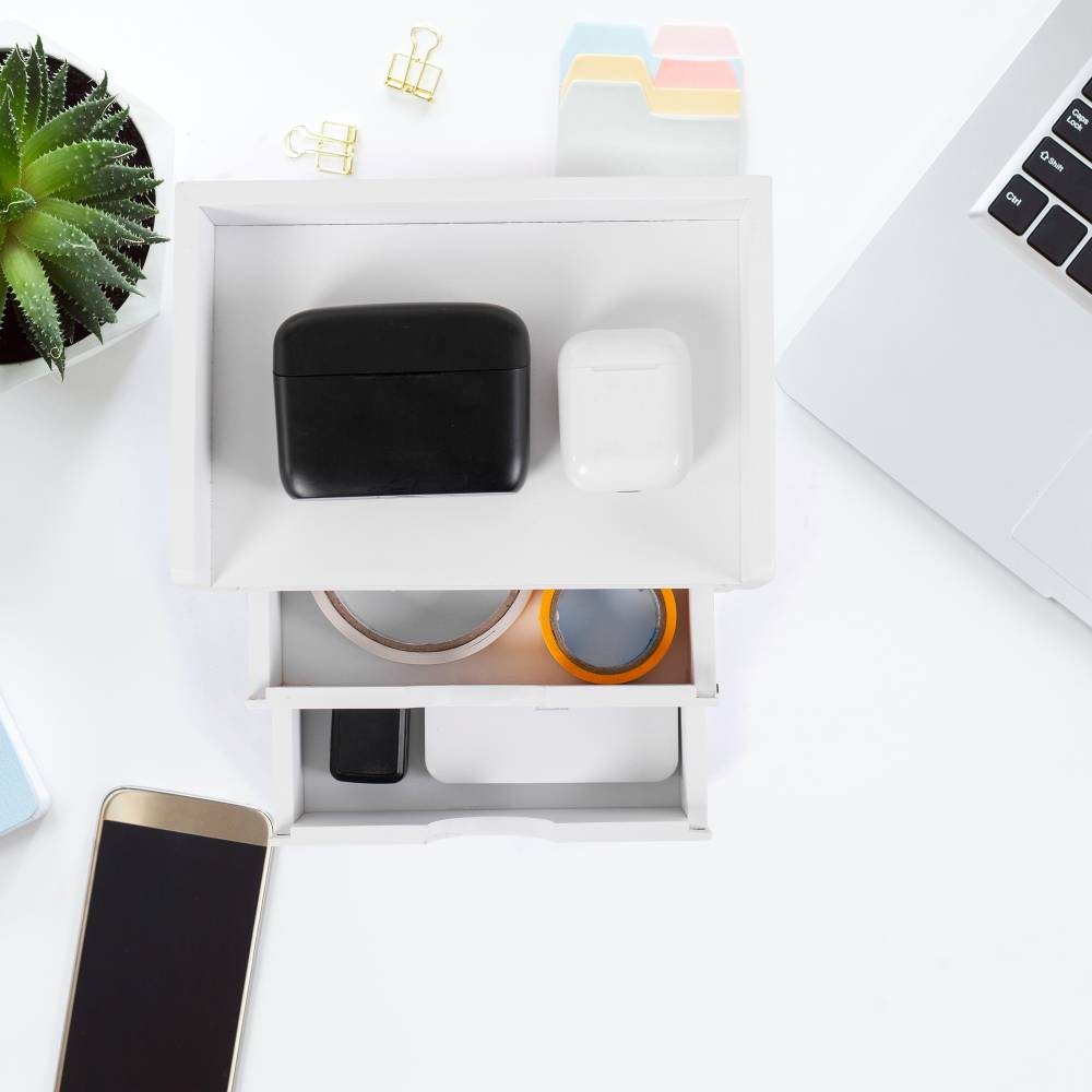 Woodluv Bamboo Mini Desk Top Stationery Organizer Storage Unit, White