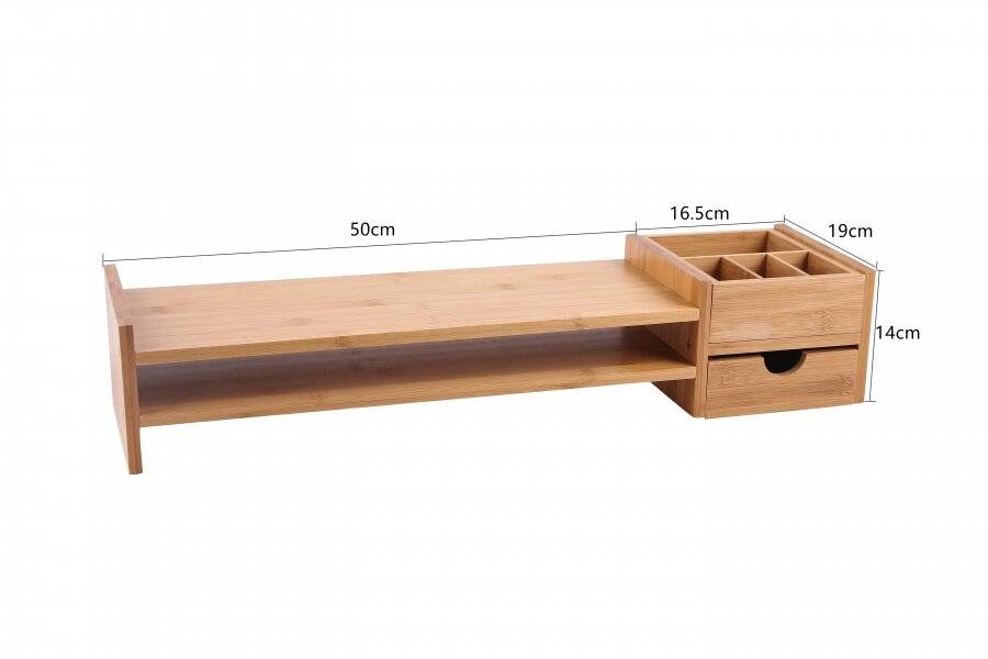 Bamboo PC Laptop Monitor Riser - 2 Shelves, Drawer & a Stationery Slot