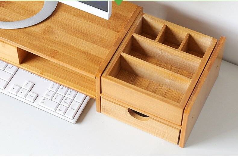 Bamboo PC Laptop Monitor Riser - 2 Shelves, Drawer & a Stationery Slot