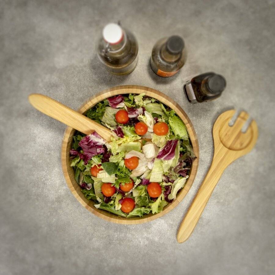 Bamboo Salad Bowls or Fruit Holder With 2 Salad Serving Utensils