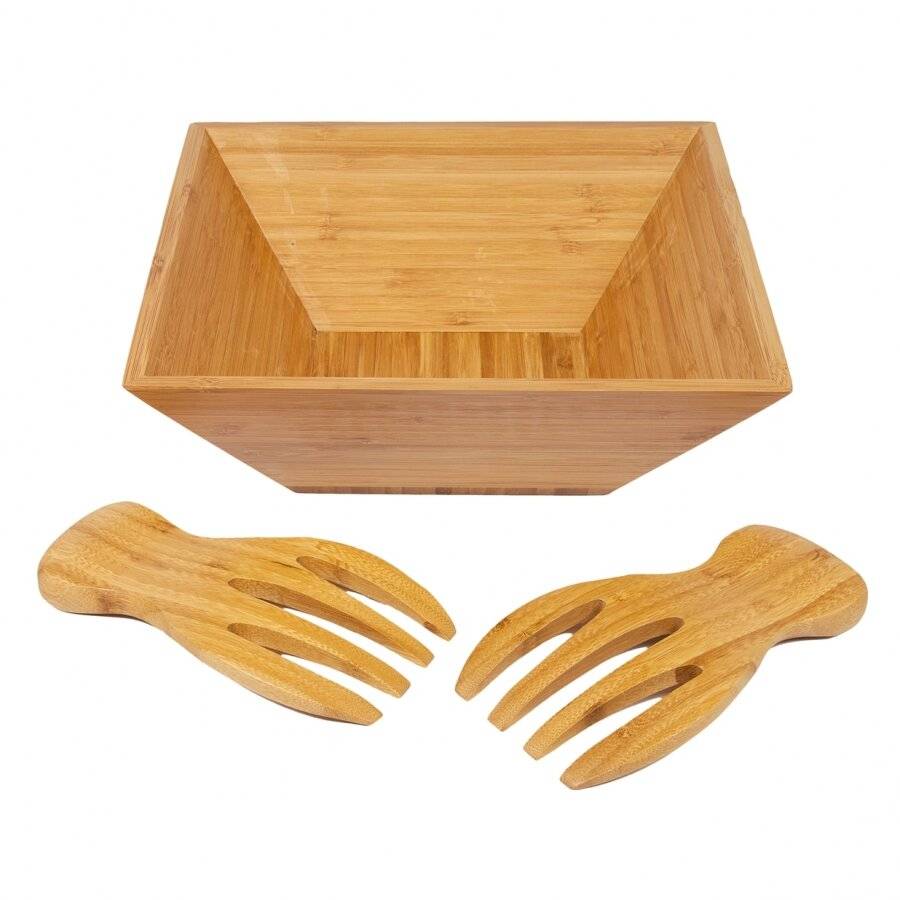 Woodluv Bamboo Wooden Salad or Pasta Serving Bowl With Serving Hands