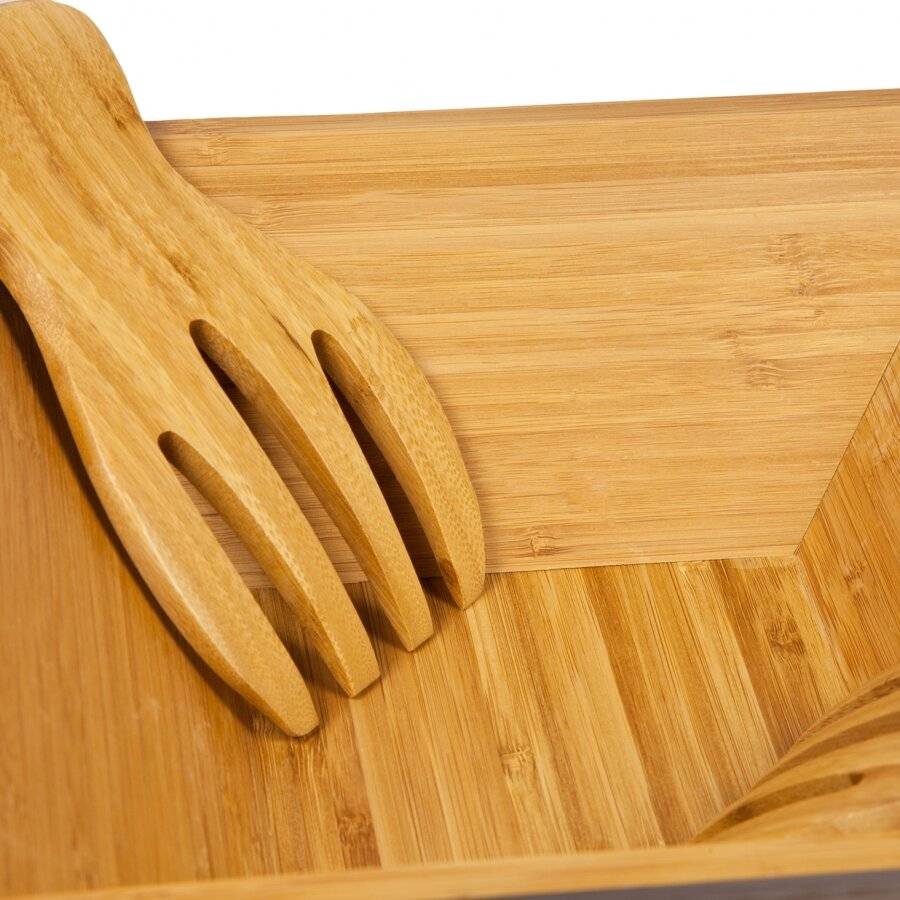 Woodluv Bamboo Wooden Salad or Pasta Serving Bowl With Serving Hands