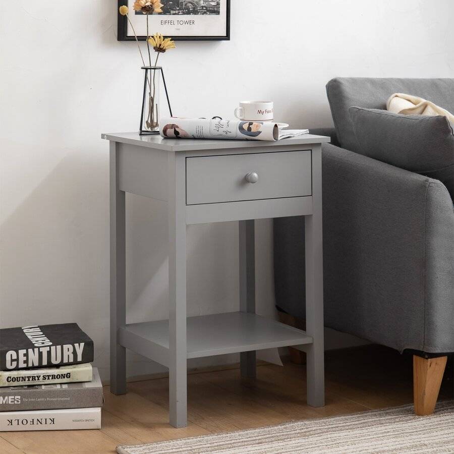 Woodluv Bedside Drawer With Shelf Cabinet MDF Storage Unit - Grey