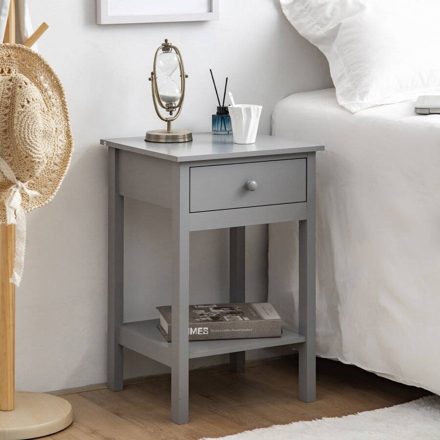 Woodluv Bedside Drawer With Shelf Cabinet MDF Storage Unit - Grey