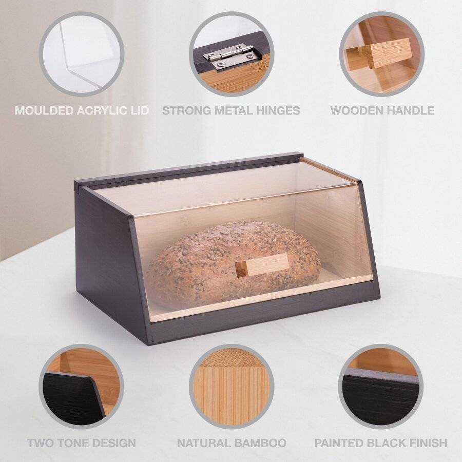 Woodluv Black Bamboo Bread Box With Acrylic Lid