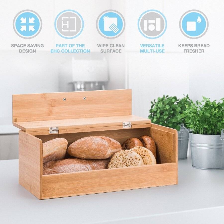 Woodluv Black Bamboo Bread Storage Box With Hinged Black Top Lid