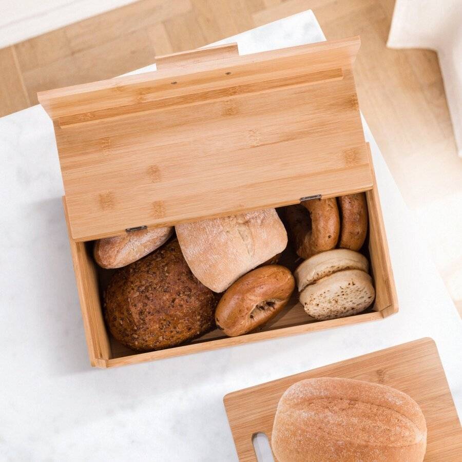 Woodluv Black Bamboo Bread Storage Box With Hinged Black Top Lid