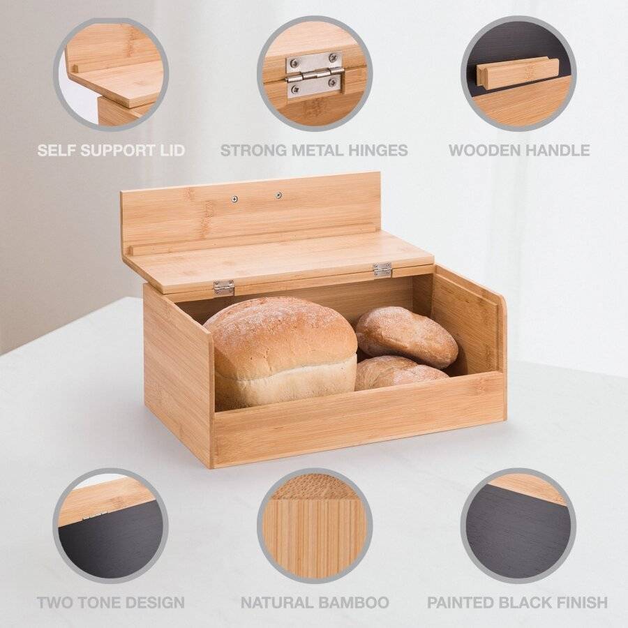 Woodluv Black Bamboo Bread Storage Box With Hinged Black Top Lid