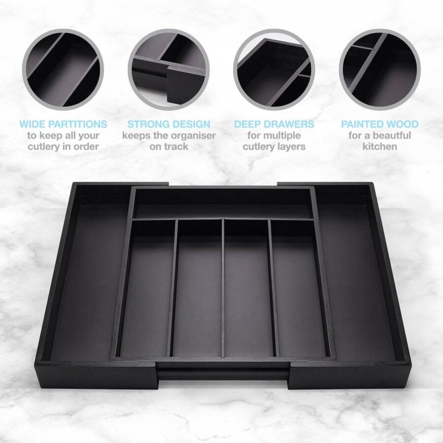 Woodluv Black Bamboo Wood Expandable Cutlery Organiser Tray