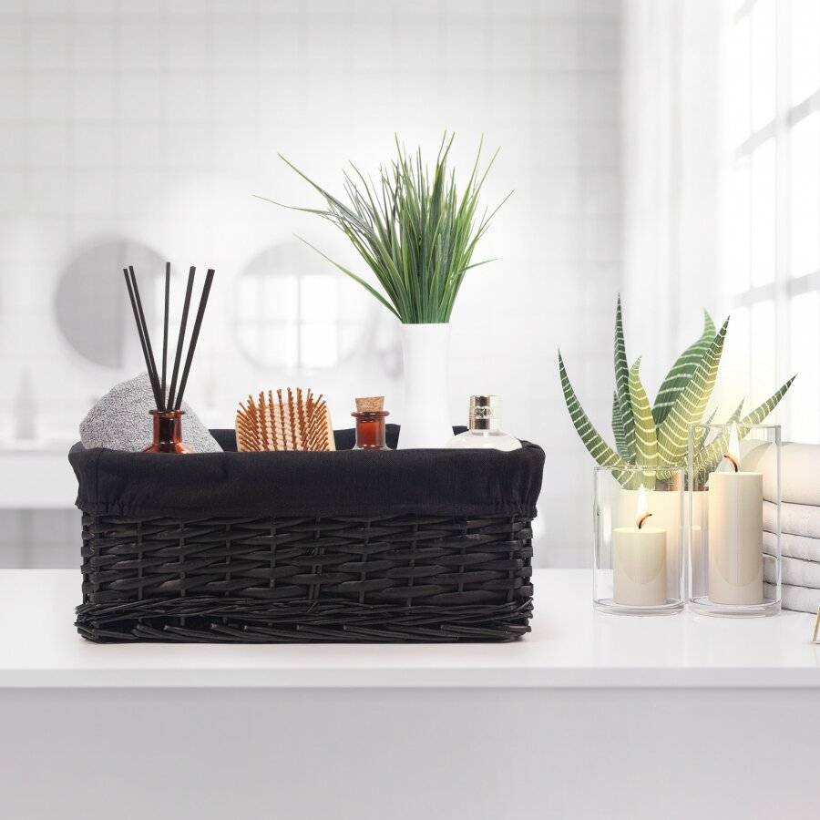 Woodluv Black Wicker Shelf Storage Hamper Basket With Liner - Large