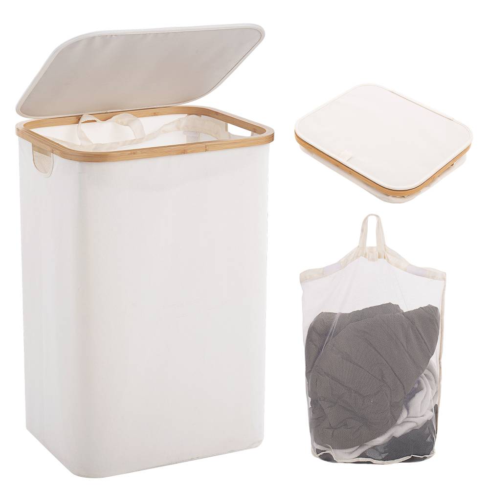 Woodluv Collapsible Foldable Laundry Hamper Basket with Lid, Beige