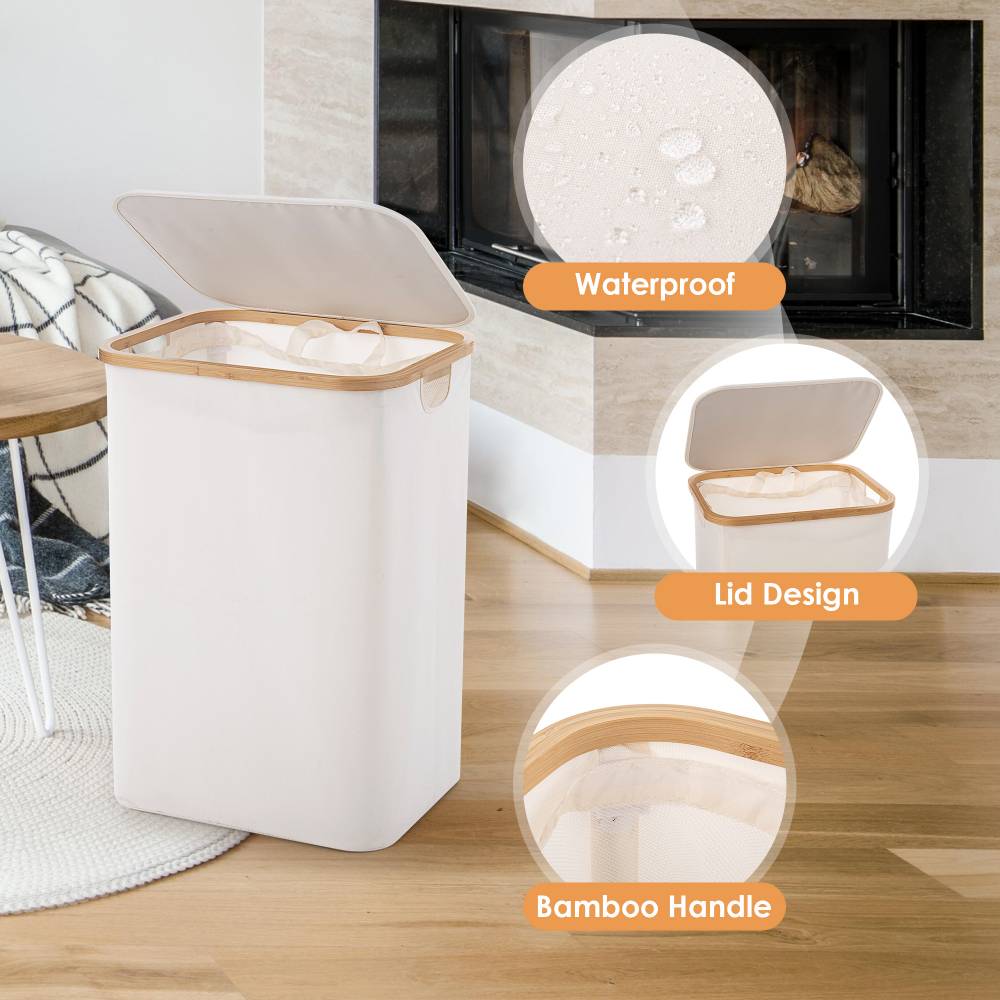 Woodluv Collapsible Foldable Laundry Hamper Basket with Lid, Beige