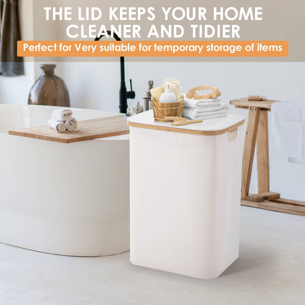 Woodluv Collapsible Foldable Laundry Hamper Basket with Lid, Beige