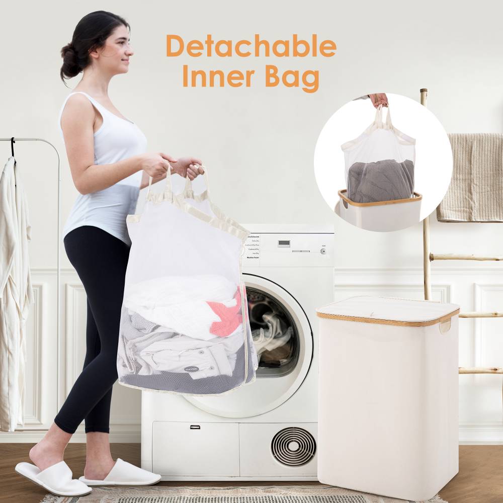 Woodluv Collapsible Foldable Laundry Hamper Basket with Lid, Beige