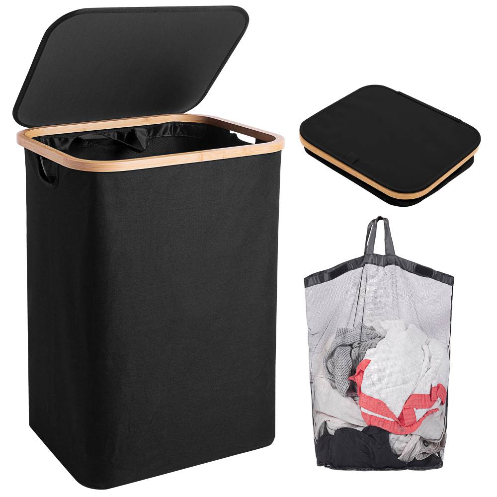 Woodluv Collapsible Foldable Laundry Hamper Basket with Lid - Black