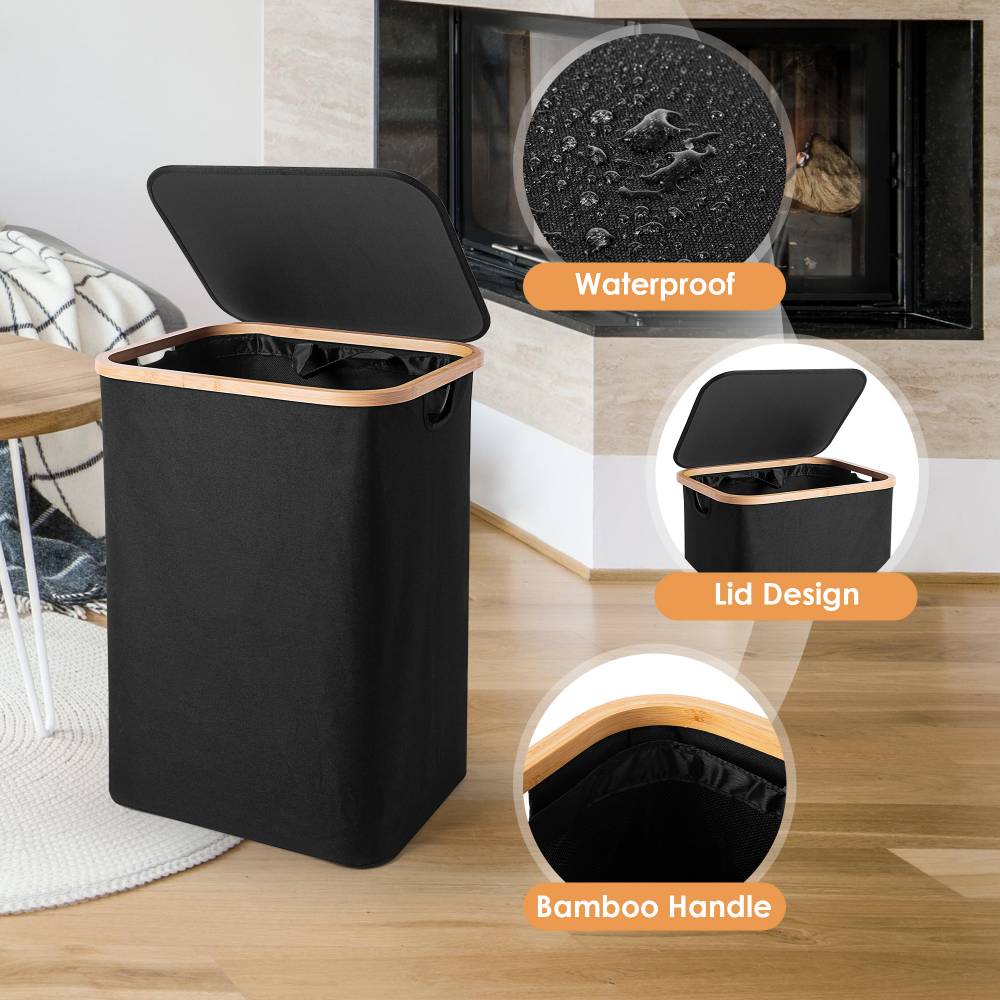 Woodluv Collapsible Foldable Laundry Hamper Basket with Lid - Black