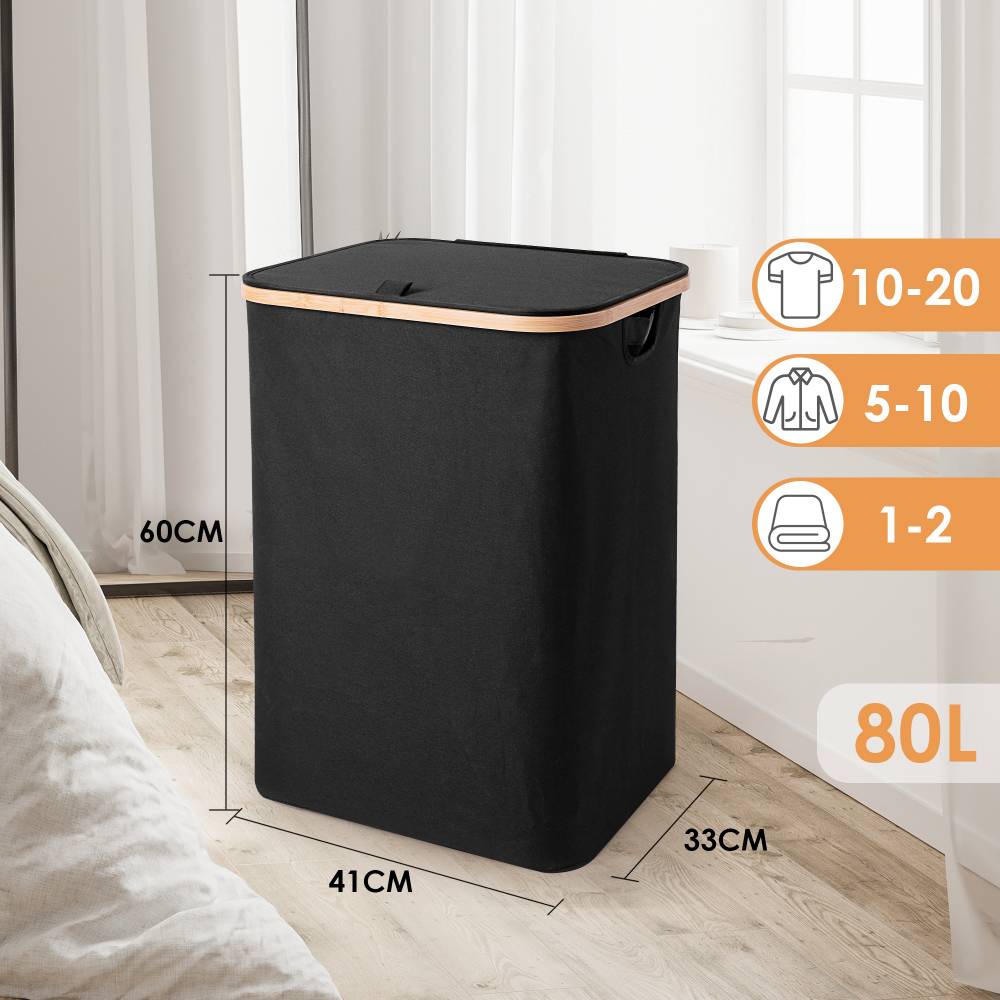 Woodluv Collapsible Foldable Laundry Hamper Basket with Lid - Black