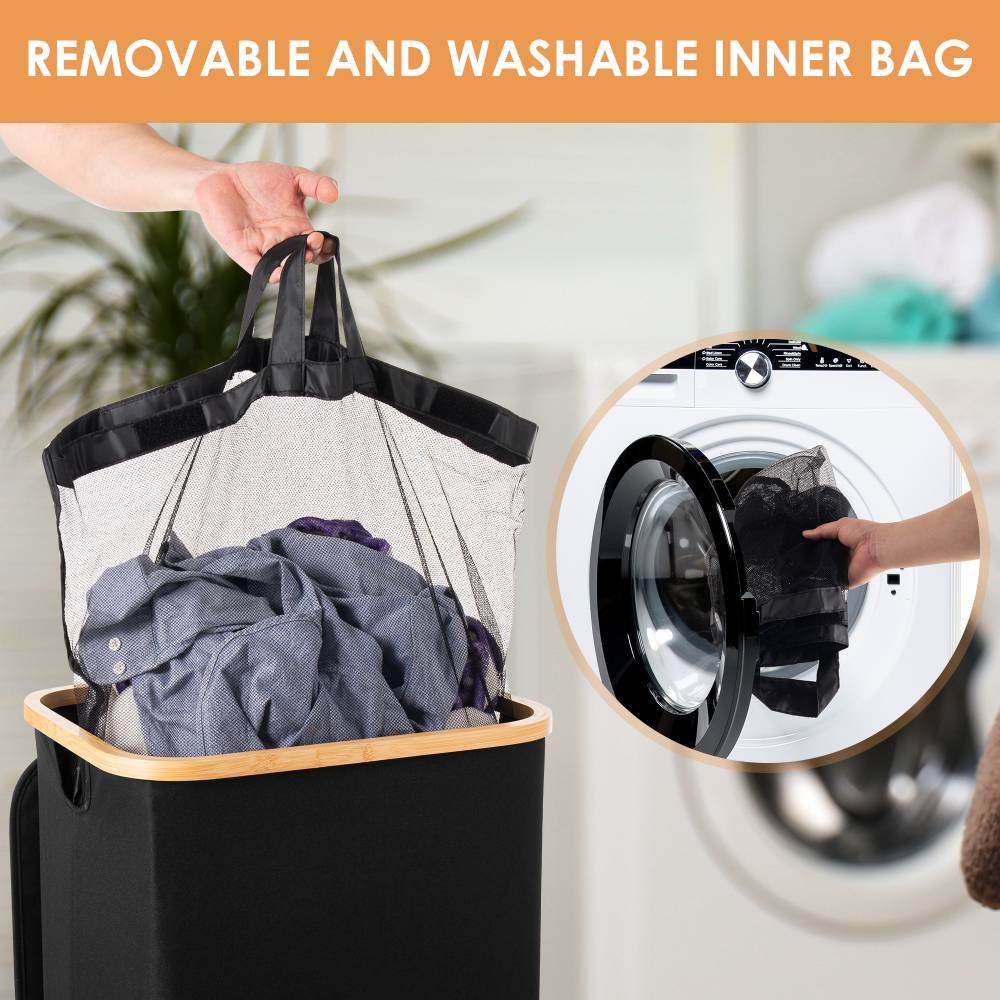 Woodluv Collapsible Foldable Laundry Hamper Basket with Lid - Black