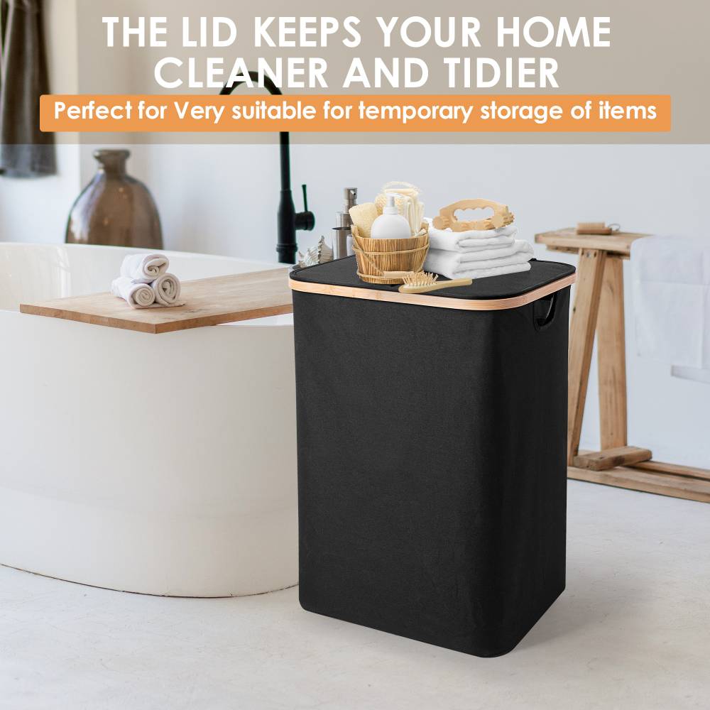 Woodluv Collapsible Foldable Laundry Hamper Basket with Lid - Black