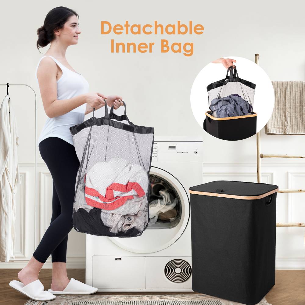 Woodluv Collapsible Foldable Laundry Hamper Basket with Lid - Black