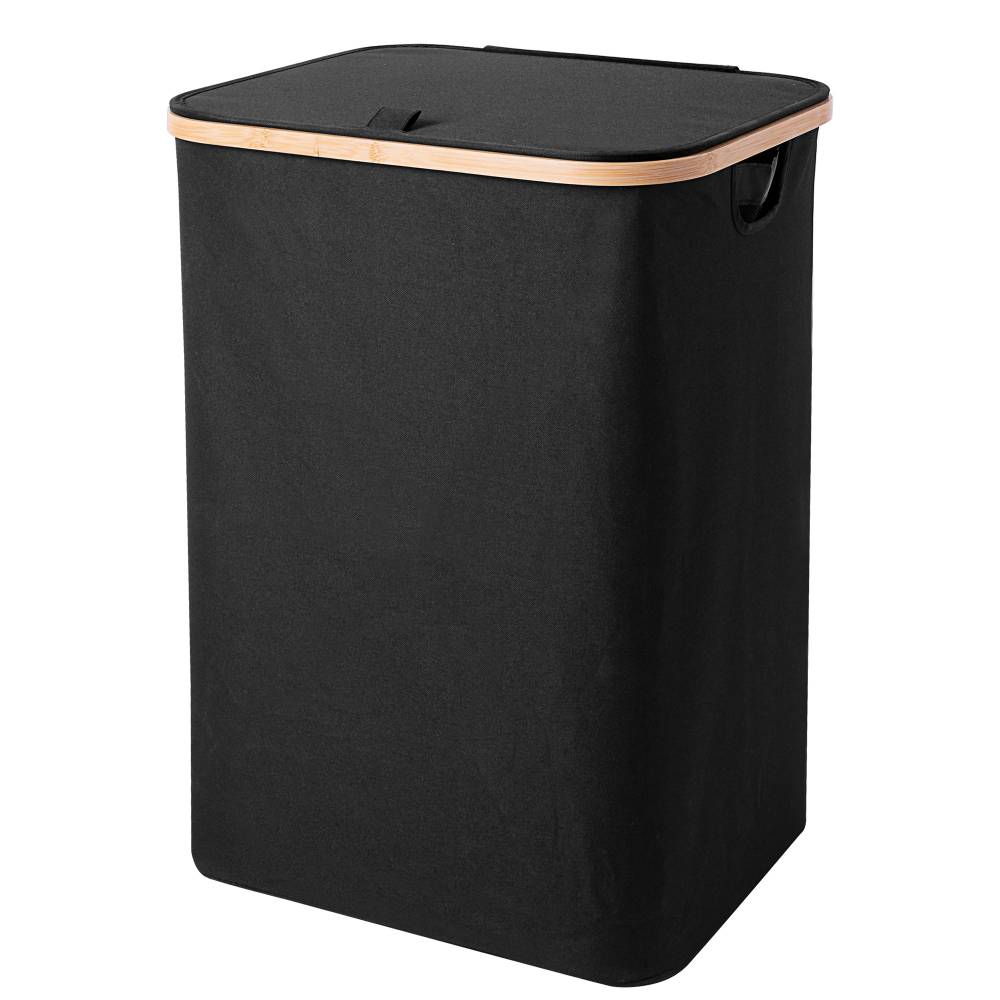 Woodluv Collapsible Foldable Laundry Hamper Basket with Lid - Black