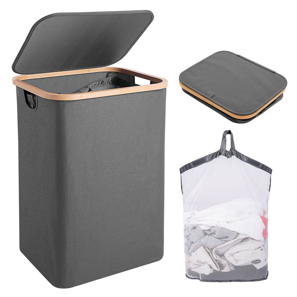 Woodluv Collapsible Foldable Laundry Hamper Basket with Lid - Grey