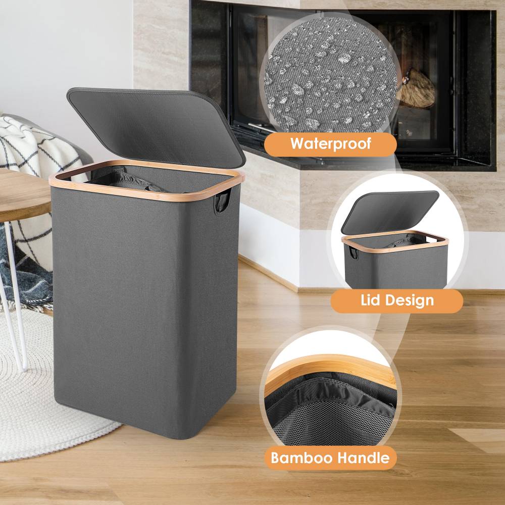 Woodluv Collapsible Foldable Laundry Hamper Basket with Lid - Grey