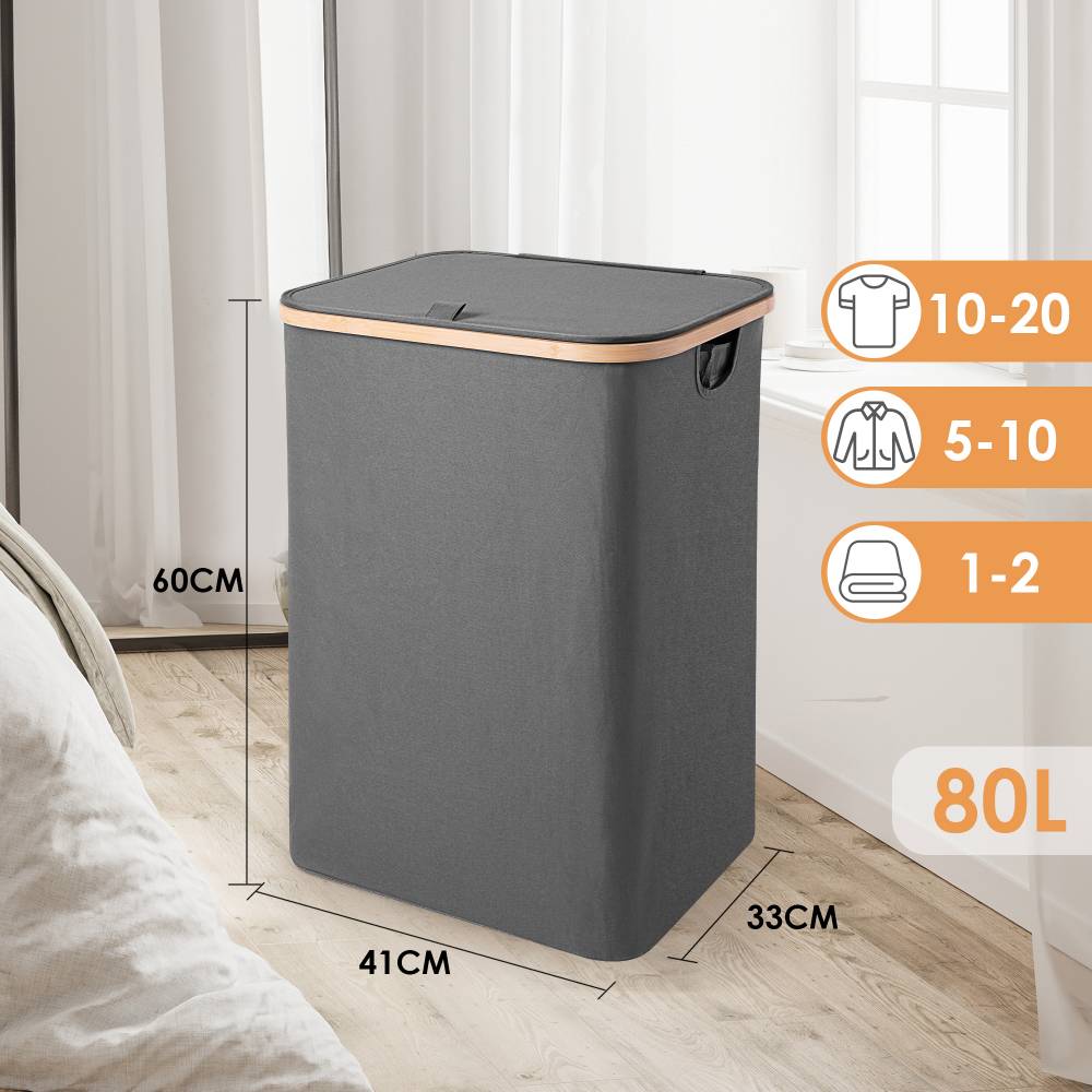 Woodluv Collapsible Foldable Laundry Hamper Basket with Lid - Grey
