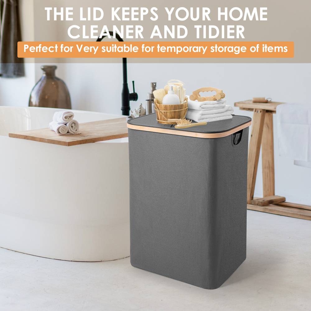 Woodluv Collapsible Foldable Laundry Hamper Basket with Lid - Grey