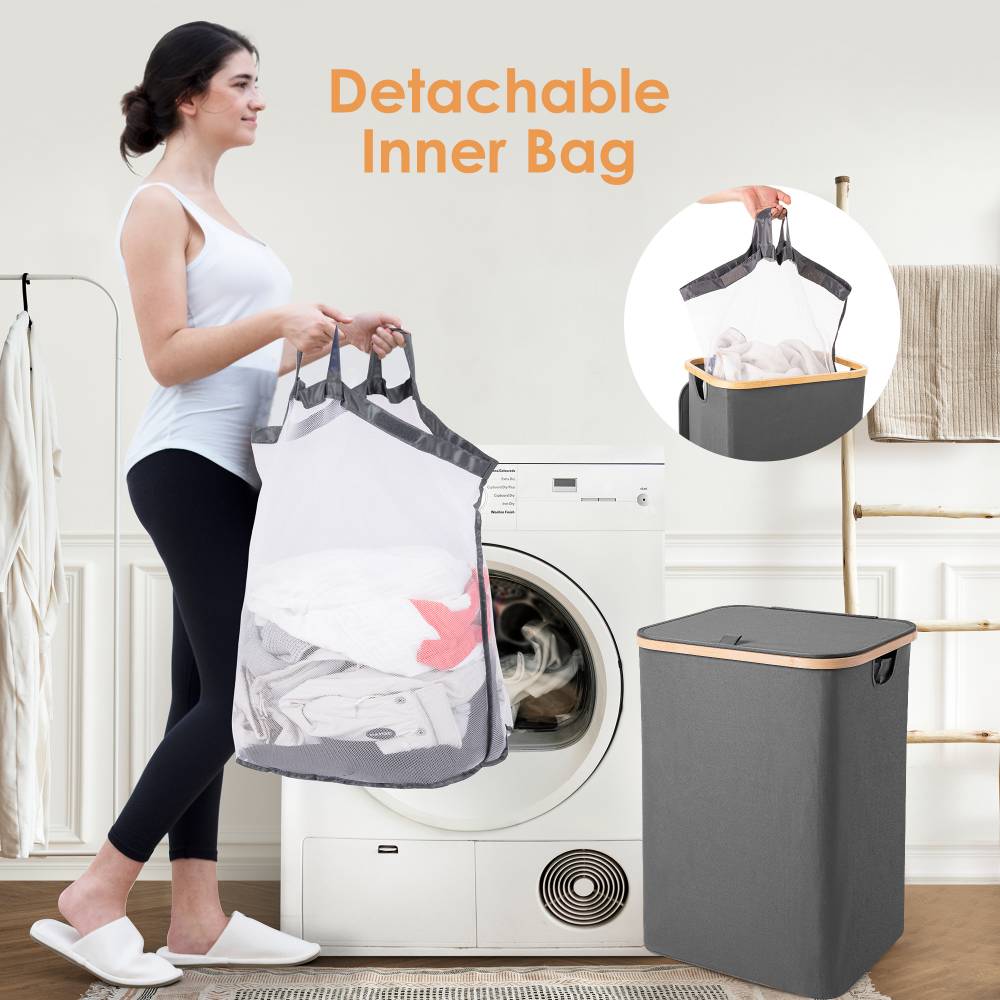 Woodluv Collapsible Foldable Laundry Hamper Basket with Lid - Grey