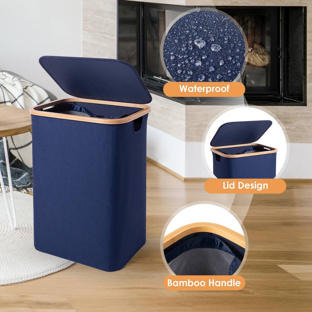 Woodluv Collapsible Foldable Laundry Hamper Basket with Lid, Navy Blue