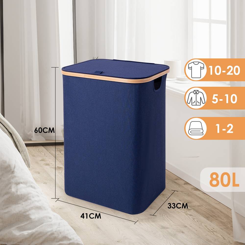 Woodluv Collapsible Foldable Laundry Hamper Basket with Lid, Navy Blue