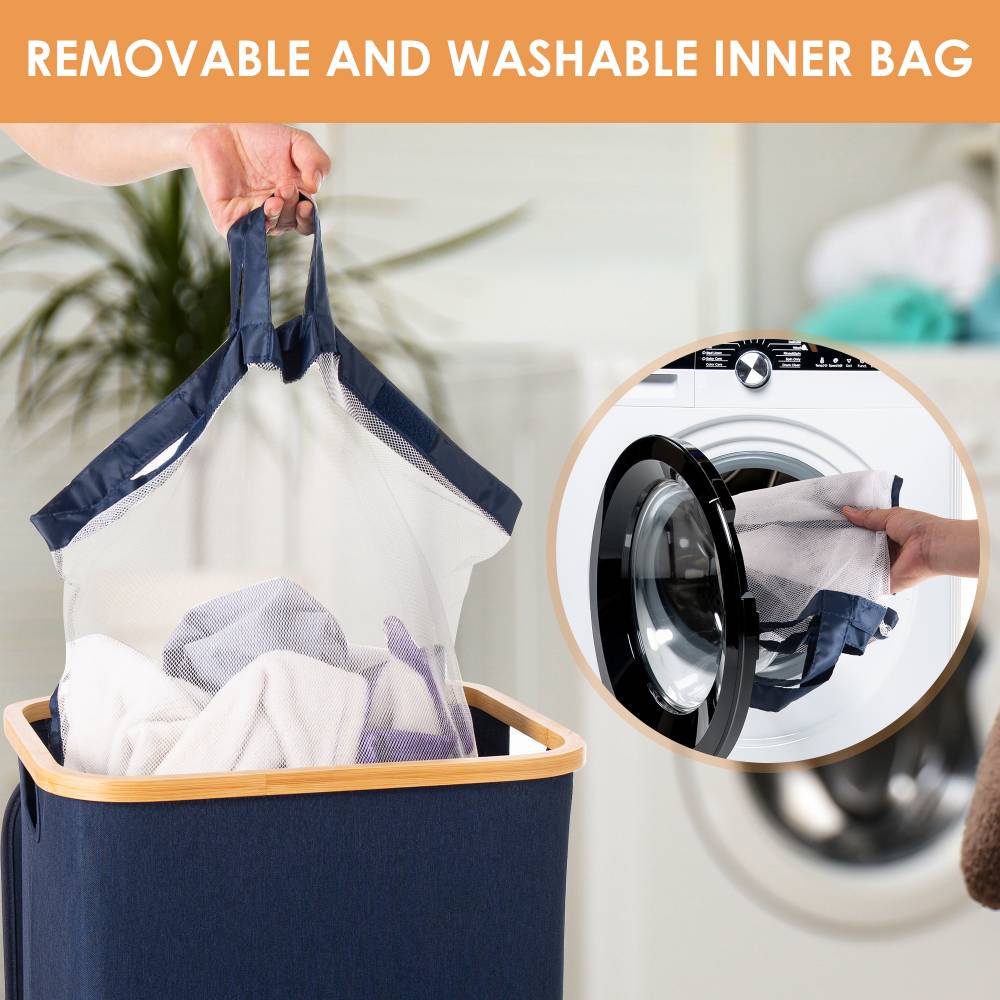 Woodluv Collapsible Foldable Laundry Hamper Basket with Lid, Navy Blue