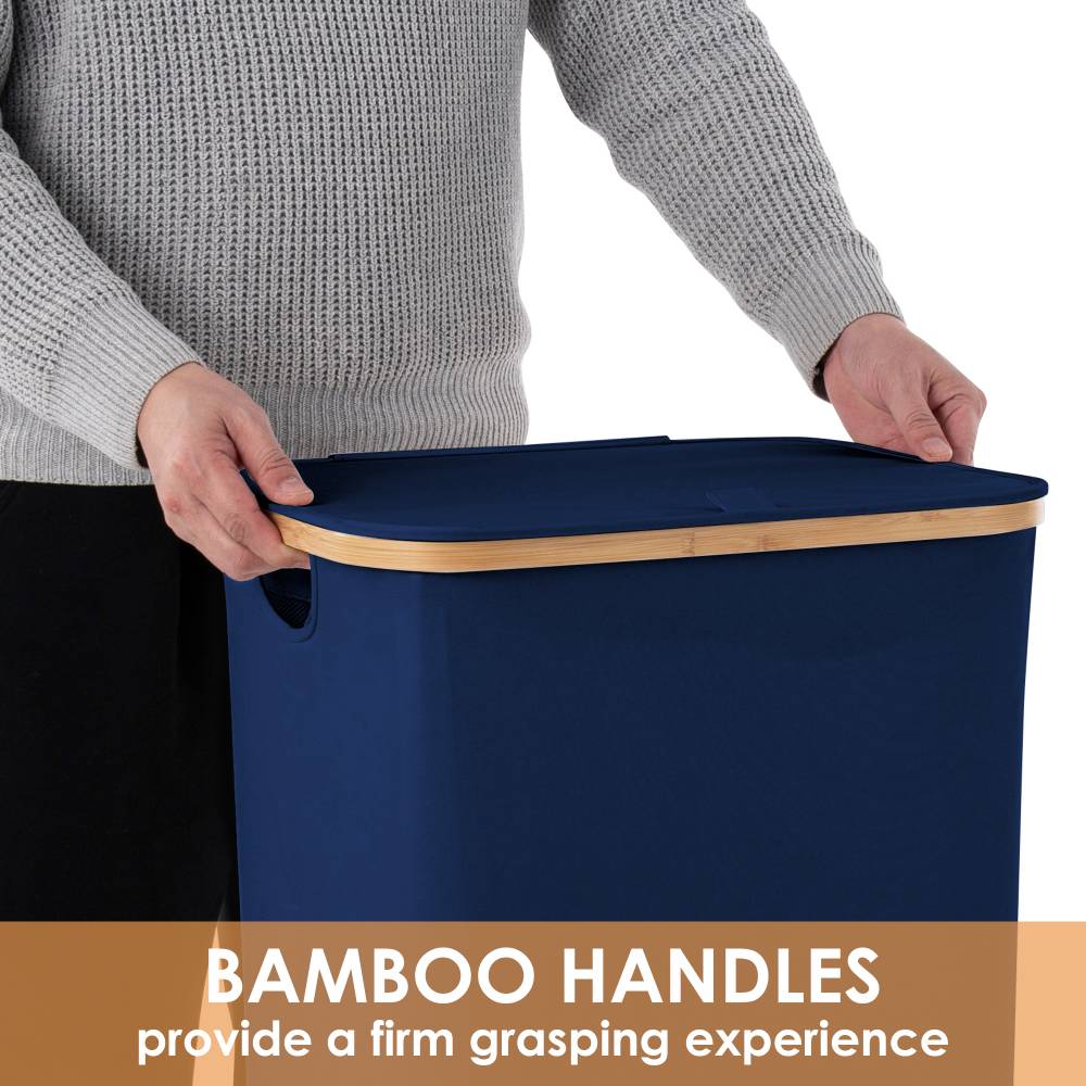 Woodluv Collapsible Foldable Laundry Hamper Basket with Lid, Navy Blue