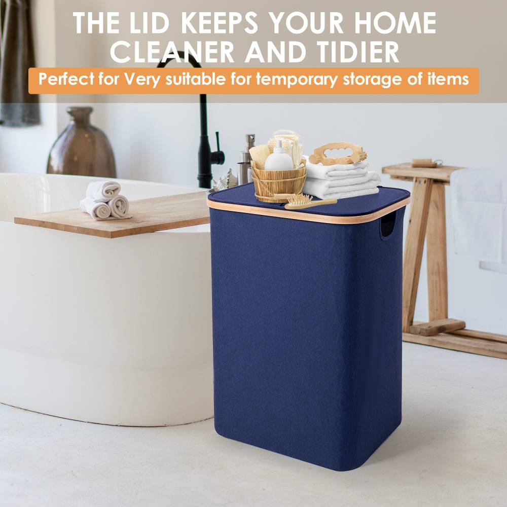 Woodluv Collapsible Foldable Laundry Hamper Basket with Lid, Navy Blue