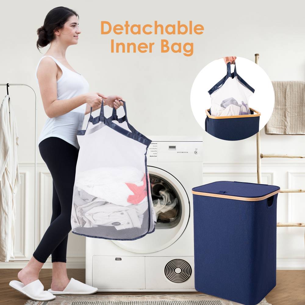 Woodluv Collapsible Foldable Laundry Hamper Basket with Lid, Navy Blue
