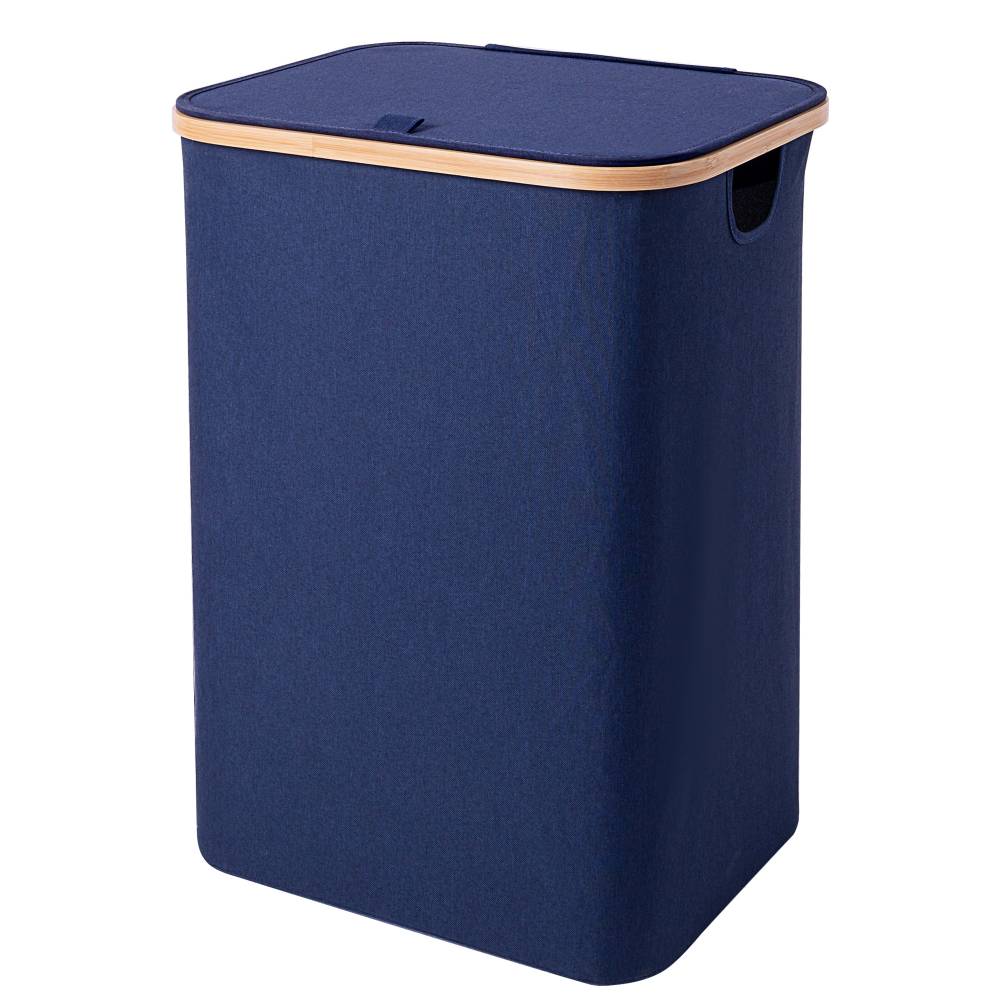 Woodluv Collapsible Foldable Laundry Hamper Basket with Lid, Navy Blue