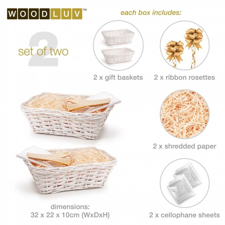 Woodluv Complete DIY Set of 2 Wicker Gift Hamper Basket Kit - White