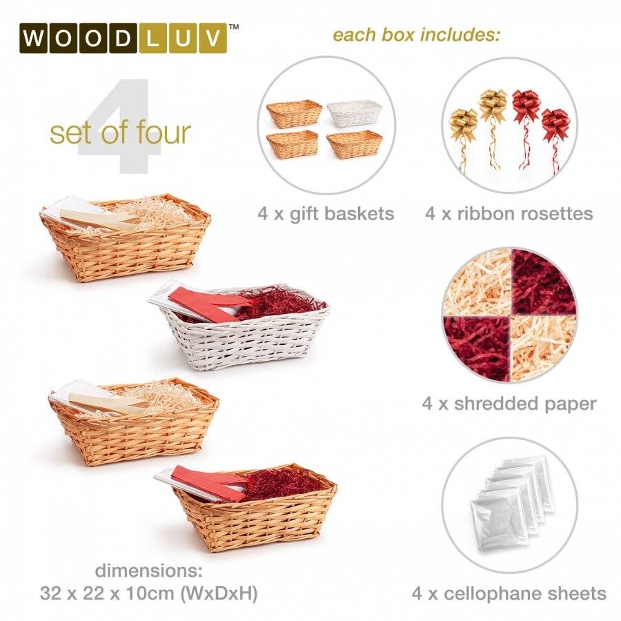 Woodluv Complete DIY Set of 4 Wicker Gift Hamper Basket Kit - White