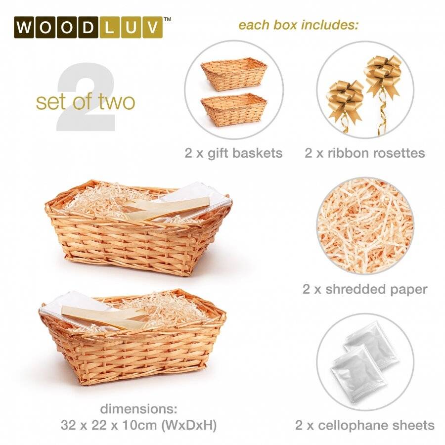 Woodluv DIY Set of 2 Wicker Gift Hamper Basket Kit - Honey/Gold Ribbon
