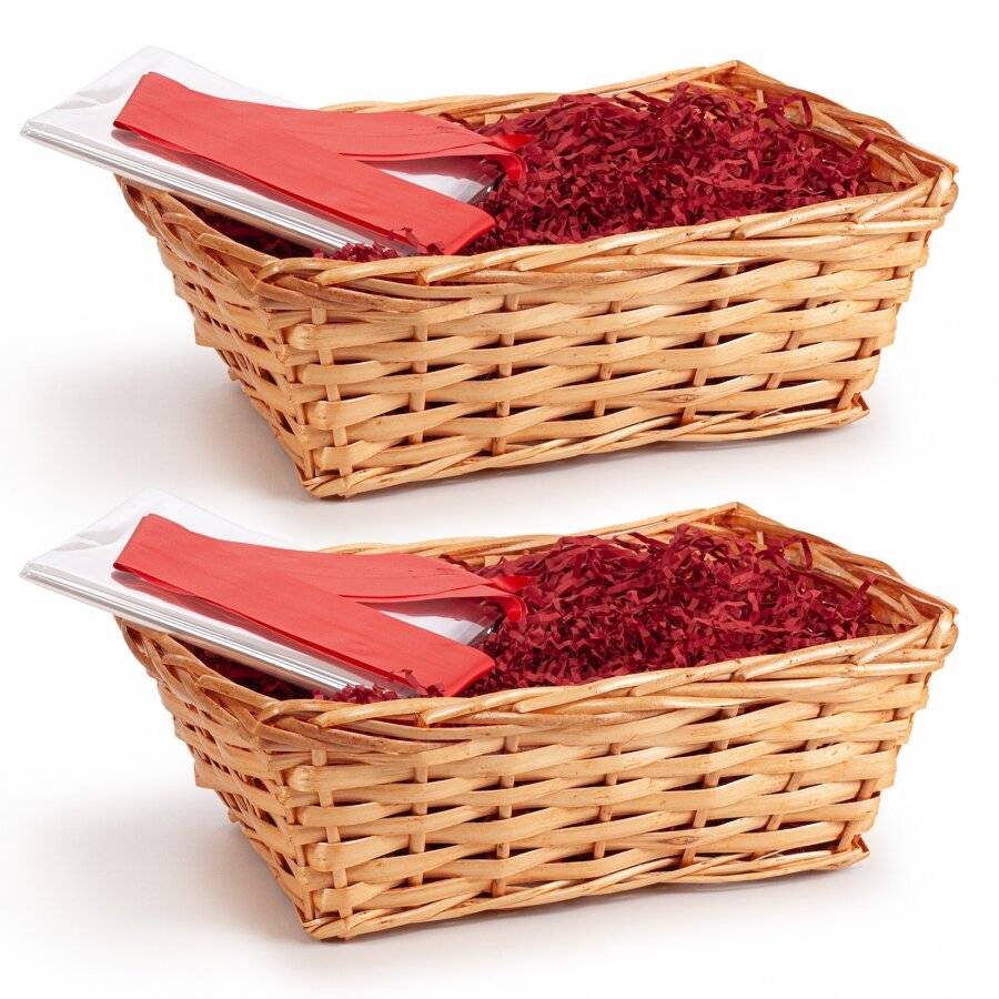 Woodluv DIY Set of 2 Wicker Gift Hamper Basket Kit - Honey/Red Ribbon