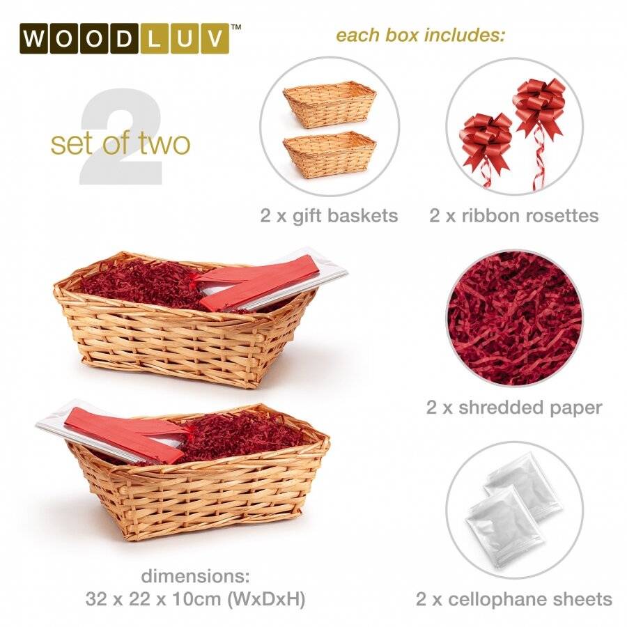 Woodluv DIY Set of 2 Wicker Gift Hamper Basket Kit - Honey/Red Ribbon