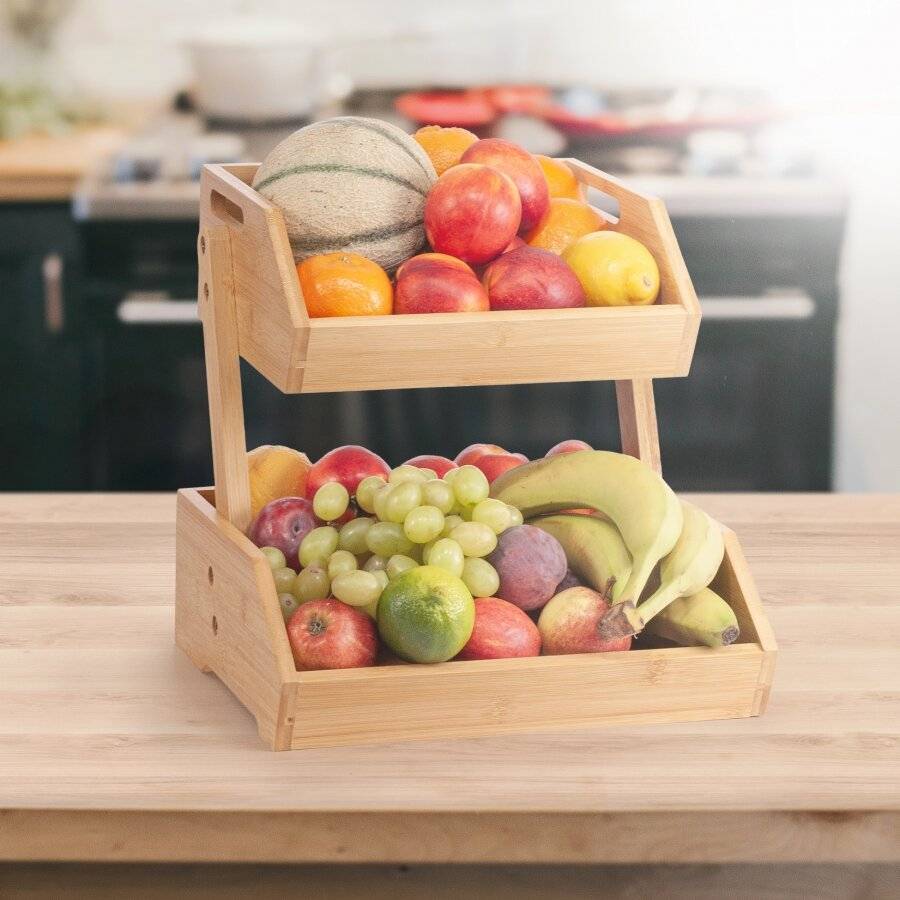 Woodluv Double Basket Storage Display Rack For Kitchen & Bathroom