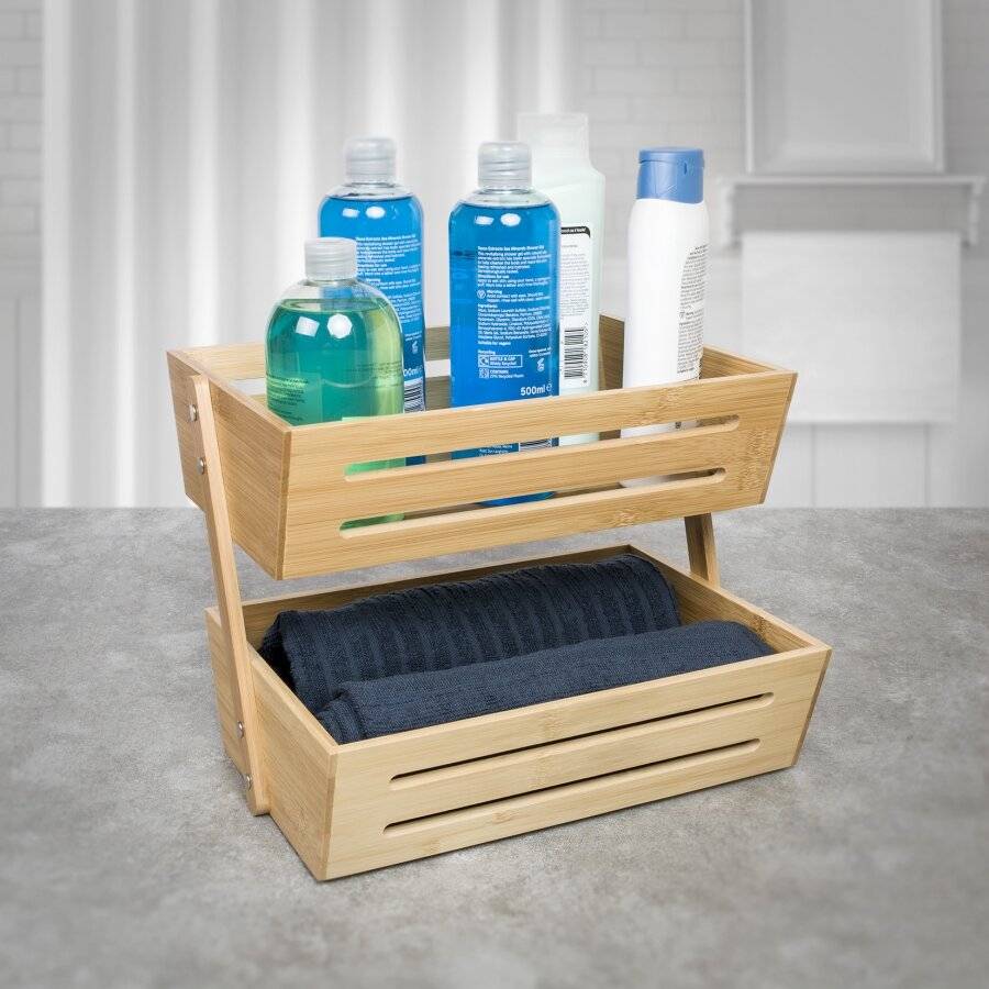 Woodluv Double Basket Storage Display Rack For Kitchen & Bathroom