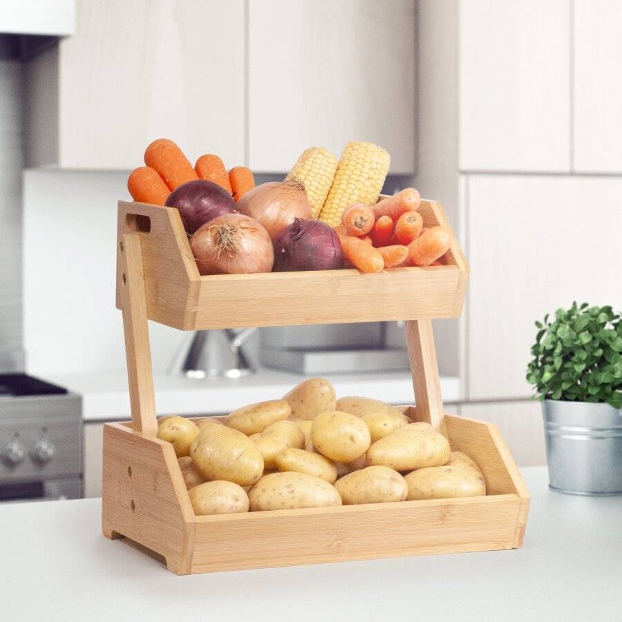 Woodluv Double Basket Storage Display Rack For Kitchen & Bathroom