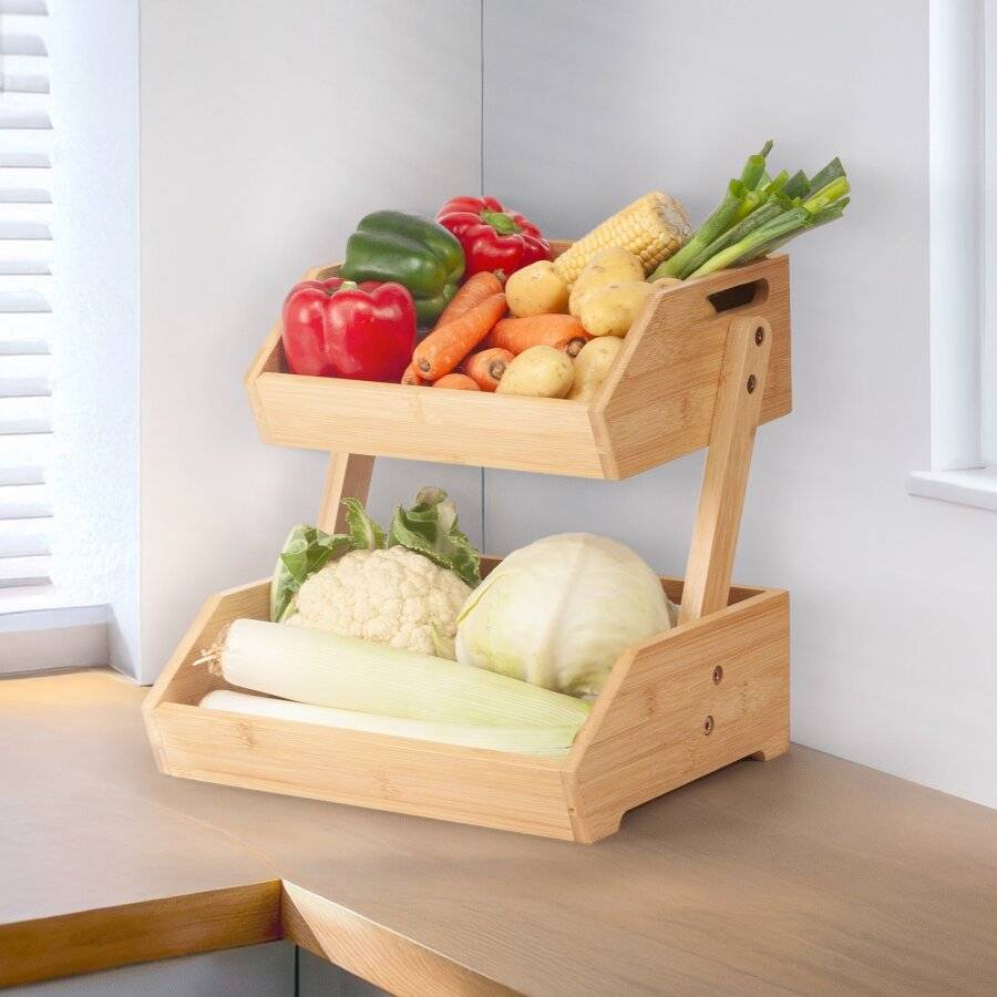 Woodluv Double Basket Storage Display Rack For Kitchen & Bathroom