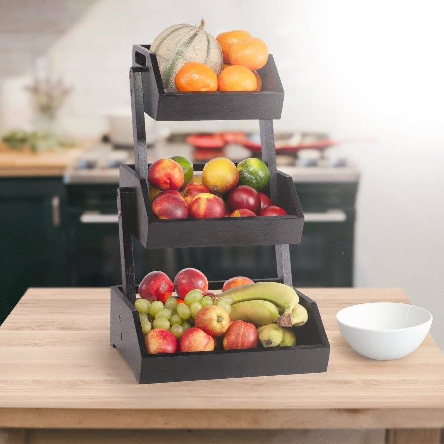 Woodluv Double Basket Storage Display Rack For Kitchen & Home, Black