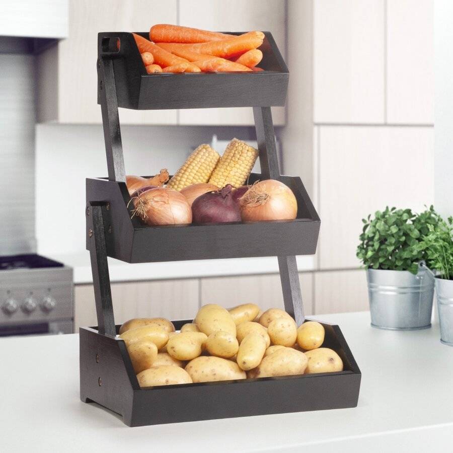 Woodluv Double Basket Storage Display Rack For Kitchen & Home, Black