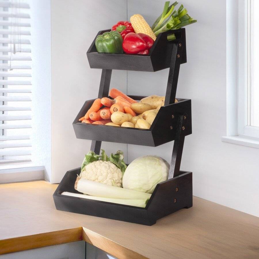 Woodluv Double Basket Storage Display Rack For Kitchen & Home, Black