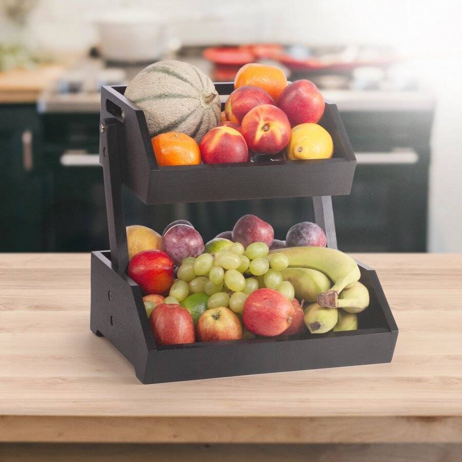 Woodluv Double Basket Storage Display Rack For Kitchen & Home, Black